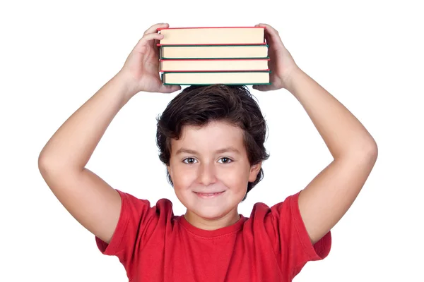 Criança estudante com muitos livros na cabeça — Fotografia de Stock