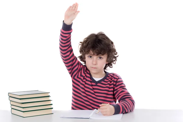 Adorable boy studying a over white background ask to speak — Stockfoto