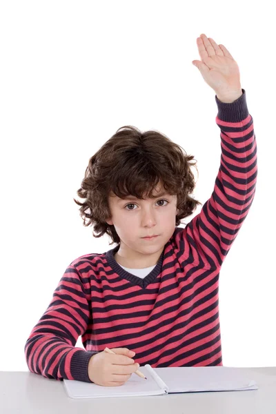 Menino adorável estudando um fundo sobre branco pedir para falar — Fotografia de Stock