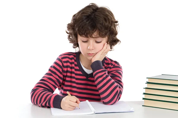 Schattige jongen moe met vele boeken — Stockfoto