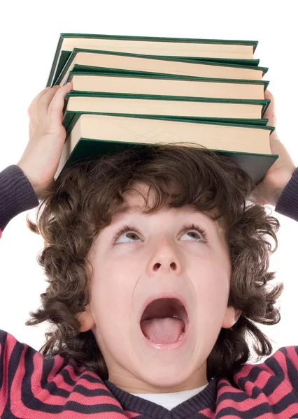 Roztomilé dítě s mnoha knih o hlavu — Stock fotografie