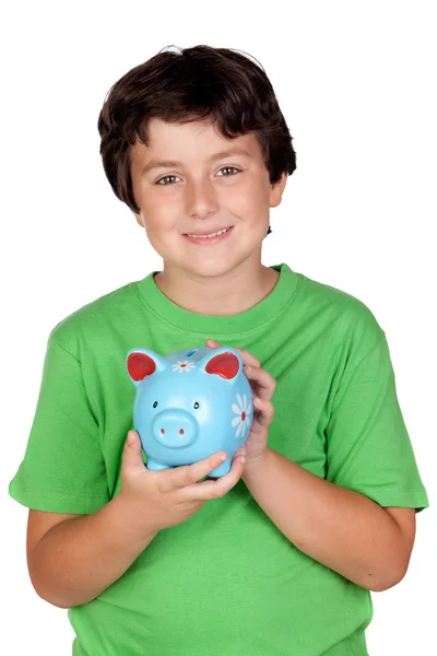 Menino adorável com uma caixa de dinheiro azul — Fotografia de Stock