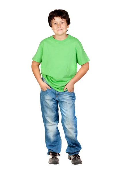 Zabawne dziecko z zielony t-shirt — Zdjęcie stockowe