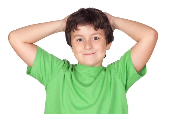 Zabawne dziecko z zielony t-shirt — Zdjęcie stockowe