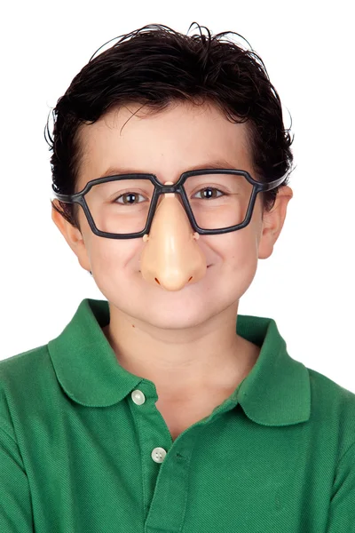 Criança engraçada com óculos e piada de nariz — Fotografia de Stock