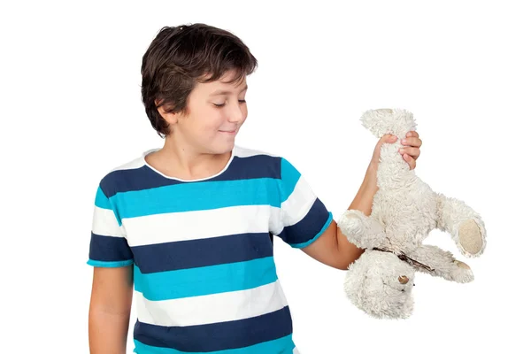Adorable boy picking up a teddy bear — Stock Photo, Image