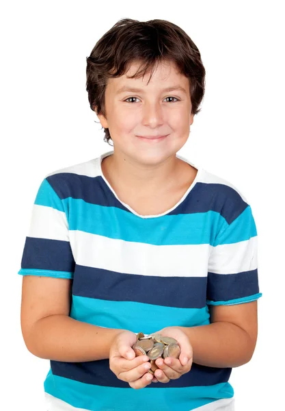 Adorabile ragazzo con molte monete — Foto Stock