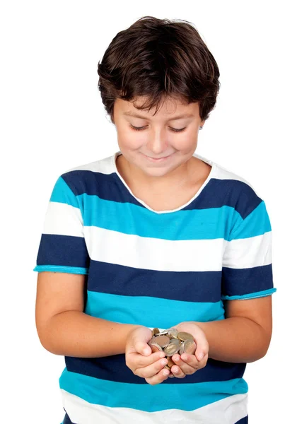 Симпатичный мальчик с кучей монет — стоковое фото