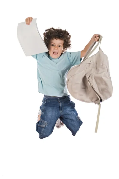 Criança feliz pulando com mochila — Fotografia de Stock