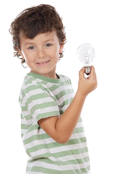 Chlapec hospodářství žárovka — Stock fotografie