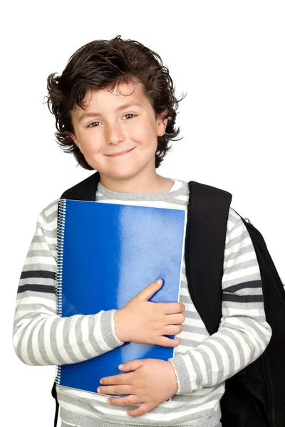 Bello studente bambino con zaino pesante — Foto Stock