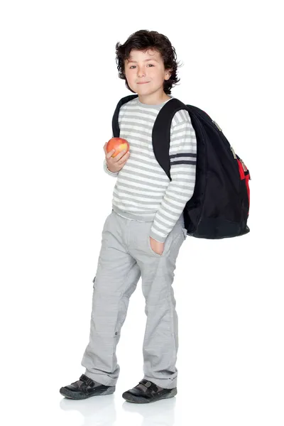 Criança estudante com mochila e maçã — Fotografia de Stock