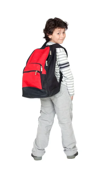 Schönes Studentenkind mit schwerem Rucksack — Stockfoto
