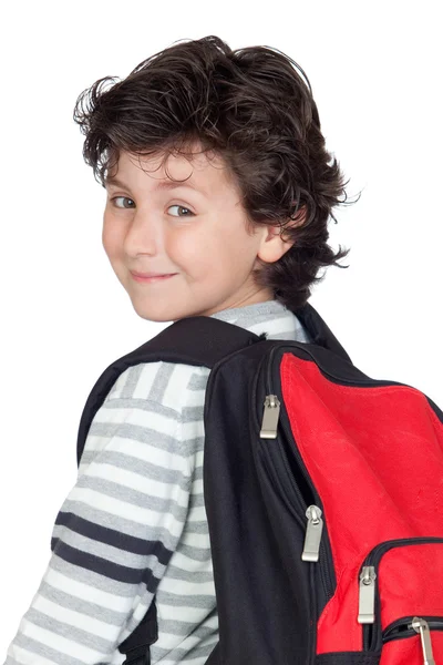 Hermoso niño estudiante con mochila pesada — Foto de Stock