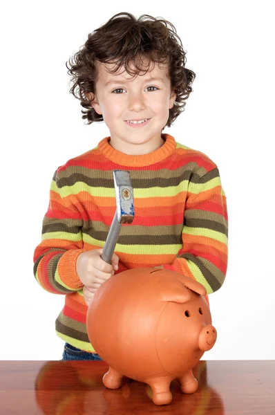 Criança adorável com caixa de dinheiro de porquinho — Fotografia de Stock