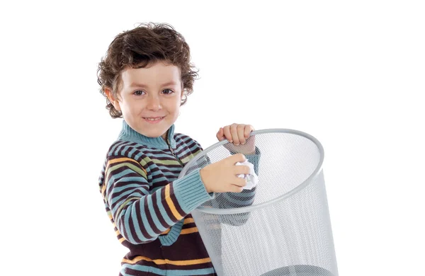 Boy with wastebasket — Stock Photo, Image