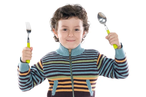 Παιδί με ένα κουτάλι και ένα δίκρανο — Φωτογραφία Αρχείου