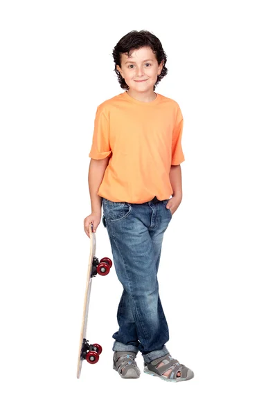 Bello bambino con skateboard in legno — Foto Stock