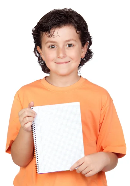 Criança agradável com caderno em branco — Fotografia de Stock