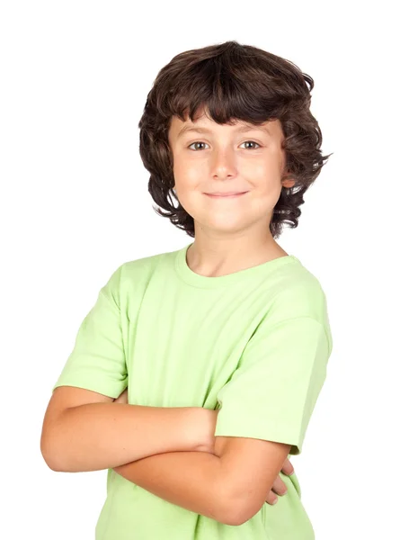 Niño gracioso con camiseta verde — Stok fotoğraf
