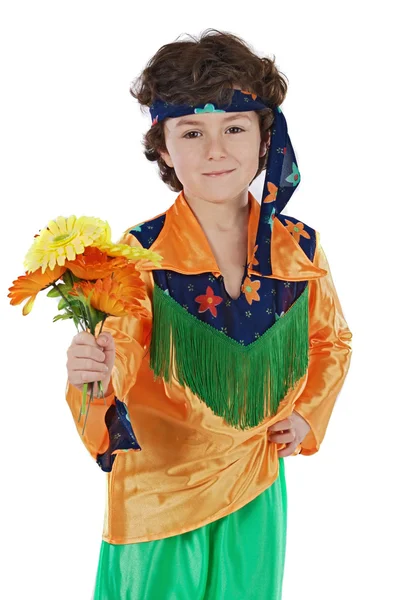 Adorable child hippie offering flowers — Stock Photo, Image