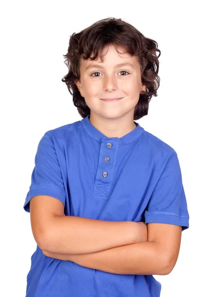 Смешной ребенок в голубой футболке — стоковое фото