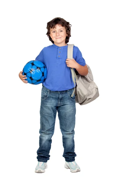Mooie student kind met rugzak en voetbal bal — Stockfoto