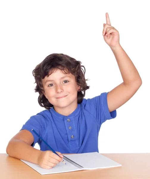 Estudante criança estudando levantando a mão — Fotografia de Stock