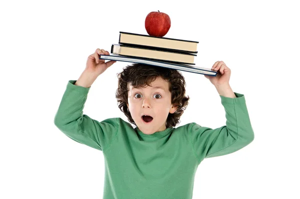 Niño whit book y manzana —  Fotos de Stock