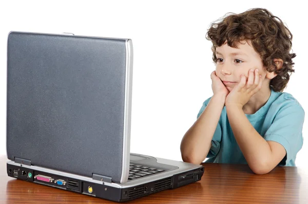 Barn whit laptop — Stockfoto