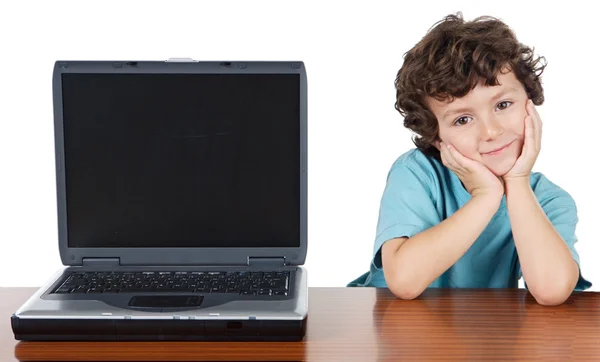 Barn whit laptop — Stockfoto