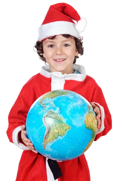 Санта-мальчик с глобусом — стоковое фото
