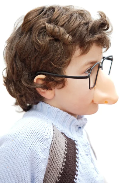 Adorabile ragazzo con occhiali e naso di giocattolo — Foto Stock