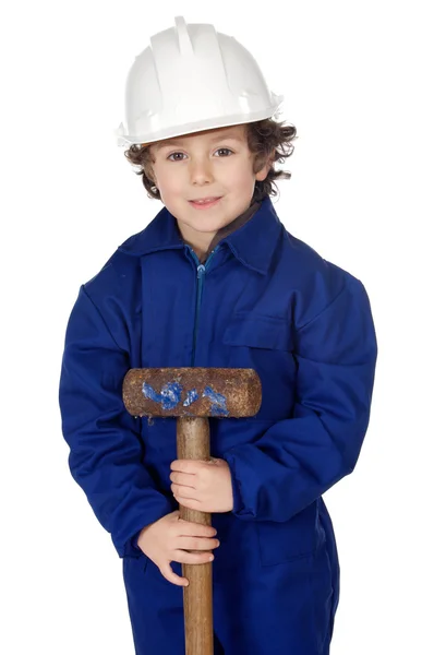 Rozkošný chlapec oblečený pracovník v kladivo a helmu — Stock fotografie