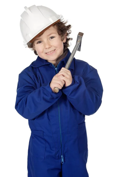 Entzückender Junge mit Hammer und Helm — Stockfoto