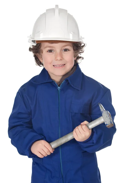 Imádnivaló munkavállaló gyermek egy kalapáccsal — Stock Fotó