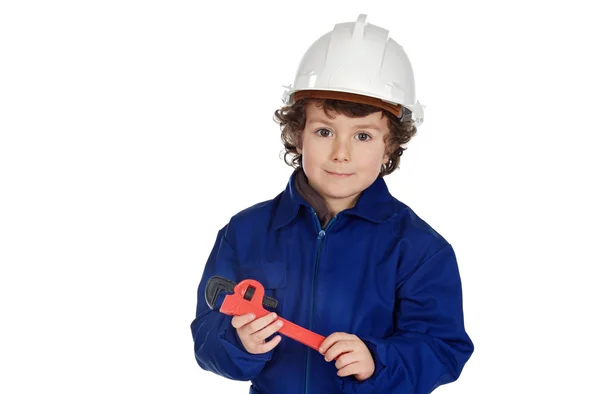 Rozkošný chlapec, oblečený od opraváře — Stock fotografie