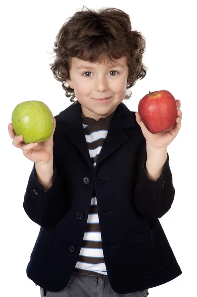 Criança adorável com duas maçãs nas mãos — Fotografia de Stock