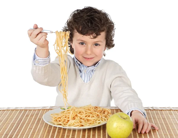 Criança adorável com fome no momento de comer — Fotografia de Stock