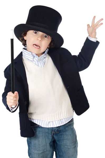 Dziecko ładny strój iluzjonista z kapeluszem — Zdjęcie stockowe