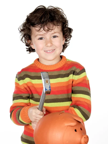 Criança adorável com martelo e caixa de dinheiro isolado — Fotografia de Stock