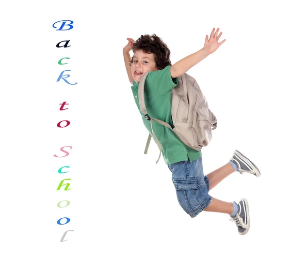 快乐的孩子背着背包跳跃 — 图库照片