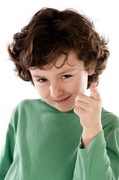 손가락을 가리키는 재미 있는 소년 — 스톡 사진