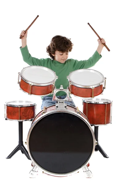 Piękny chłopiec gra na perkusji — Zdjęcie stockowe