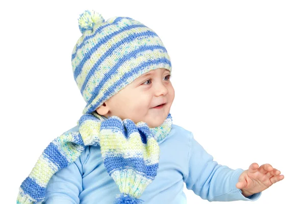 Güzel bebek şapka ve atkı ile sıcak — Stok fotoğraf