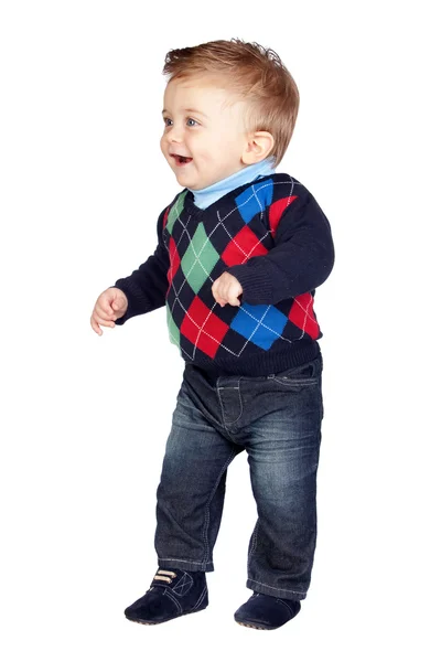 Uśmiechnięte dziecko biorąc swoje pierwsze kroki — Zdjęcie stockowe