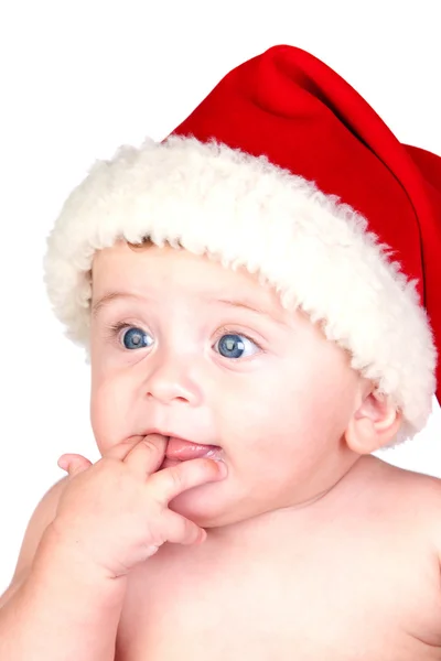 파란 눈과 크리스마스 모자 아름 다운 아기 — 스톡 사진