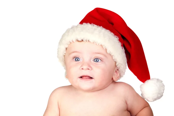 クリスマスの帽子、青い目と美しい赤ん坊 — ストック写真