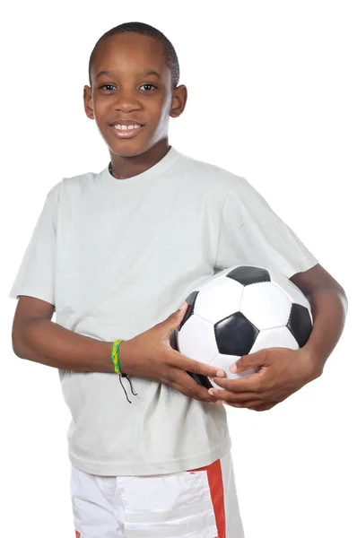 Junge hält einen Fußball in der Hand — Stockfoto
