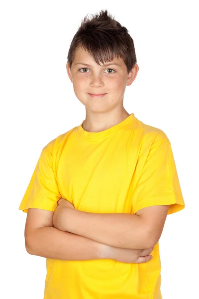 Sarı tişört ile komik çocuk — Stok fotoğraf